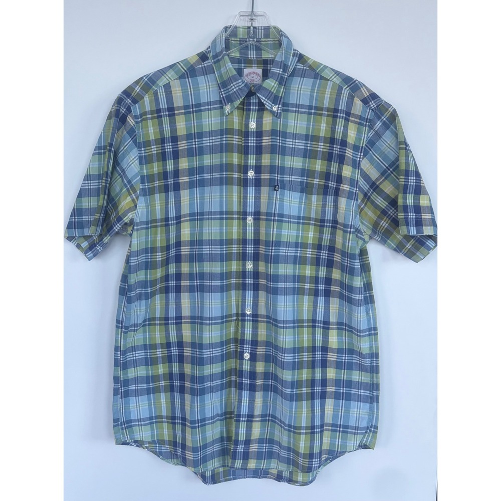 Brooks Brothers 346 Mens Medium Blue Green Plaid Short Sleeve Button Down Shirt